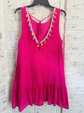 Entro Hot Pink Pom Pom Trim Gauzy Tunic Dress Cover Up Size L Boho Lined